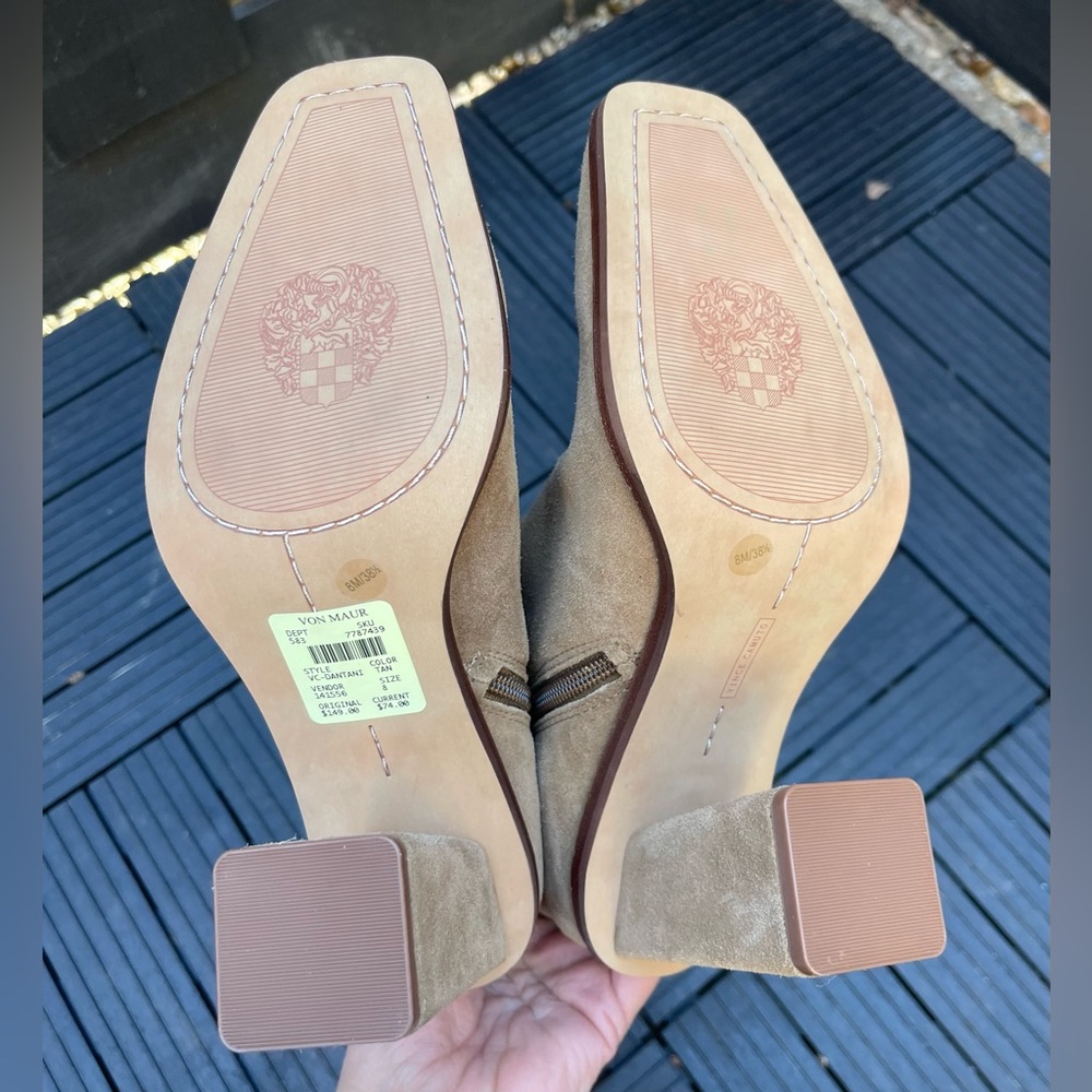 VINCE CAMUTO Women’s Dantania Square Toe Block Heel Zip-Up Tan Booties Size 8M - Picture 9 of 14